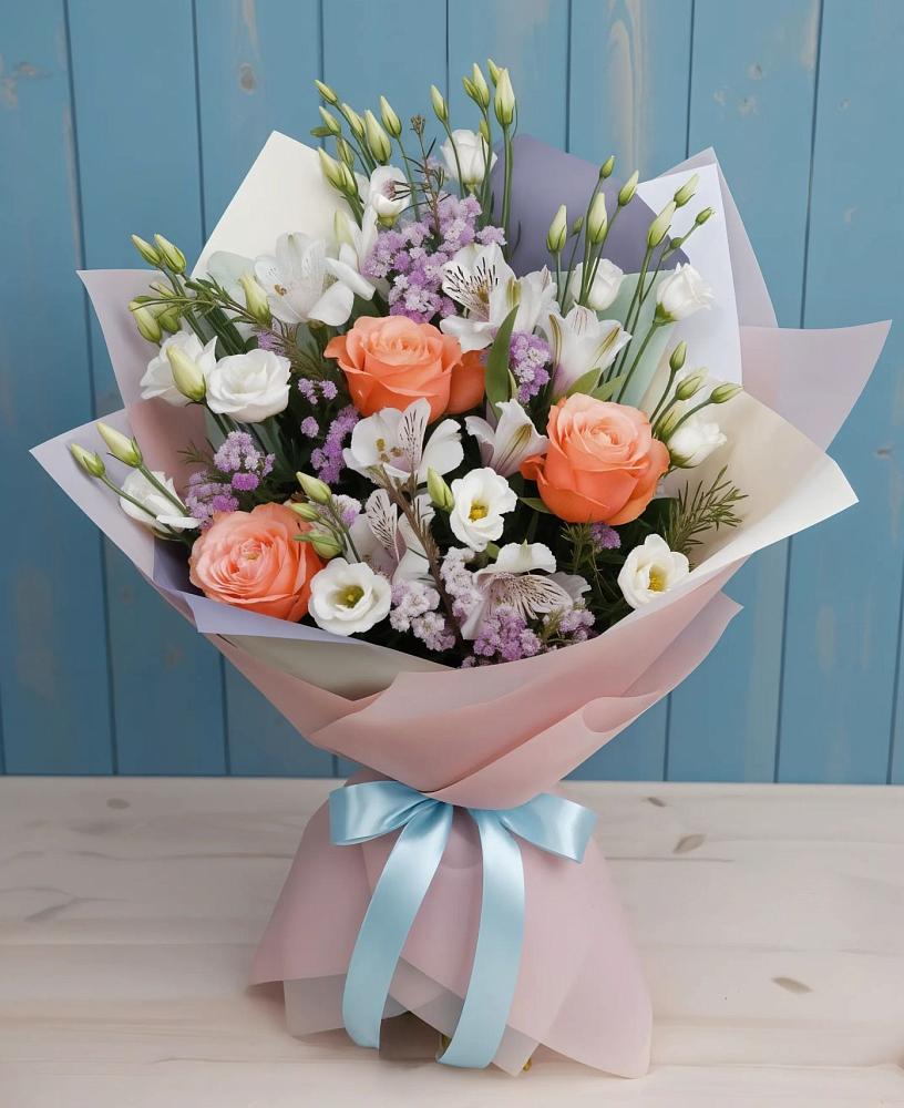 Букет цветов из: Лизиантусы, Розы, Альстромерии и Гипсофила в Чечулино